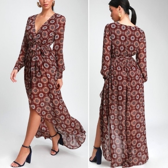 LULU'S Art and Soul multiprint long sleeve high low Maxi Wrap dress - Picture 1 of 10